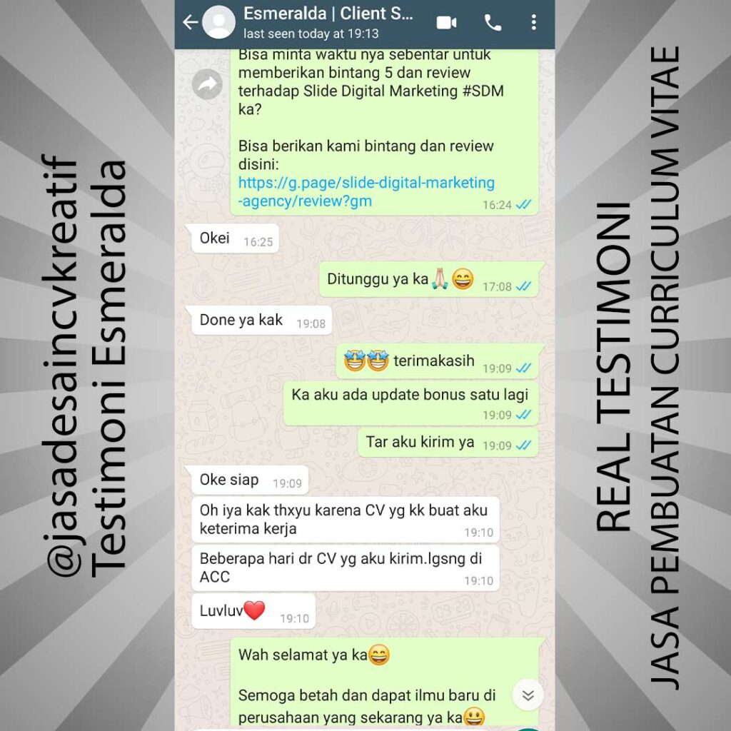 Testimoni Jasa Pembuatan Curriculum Vitae Lamaran Kerja - Esmeralda